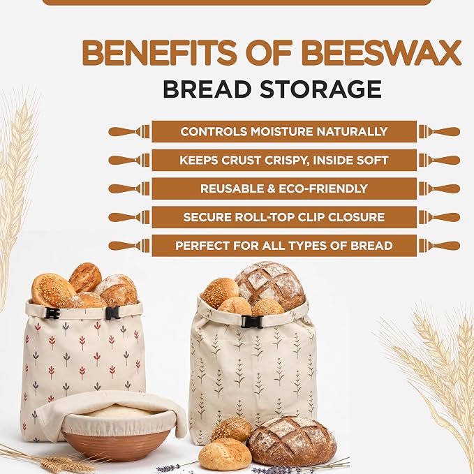 Pack of 2 XL Beeswax Bread Bags with 1 sordough Cloth, Zipper Reusable Cotton Linen Bread Bags for Homemade Bread Storage, Natural Beeswax Bread Bag, Freezer Safe Ecofriendly Bread Keeper