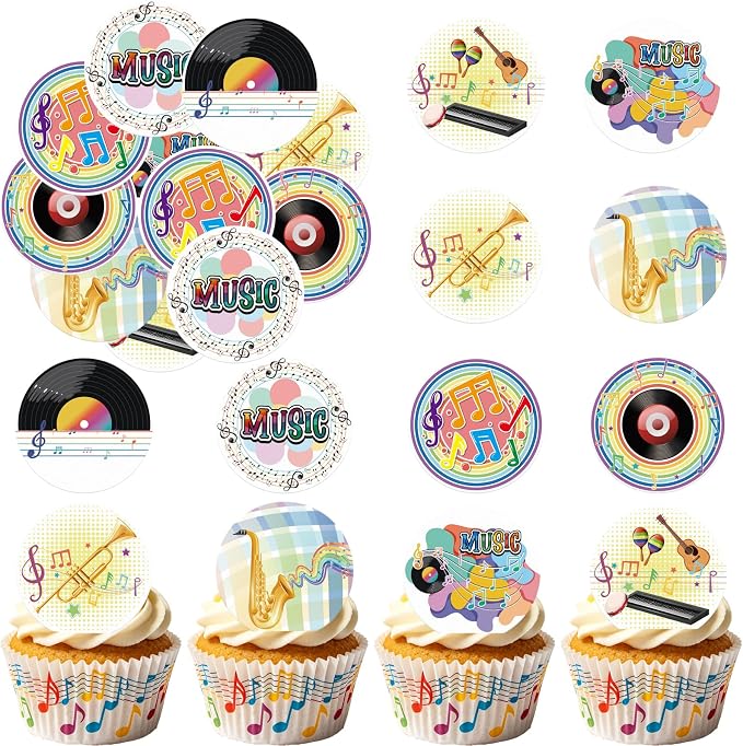 36PCS Edible Musical Cupcake Toppers Wafer Paper Music Symbol Cake Picks Music Concert Cake Topper CD Piano Violin Cupcake Picks for Concert Theme Party Decor