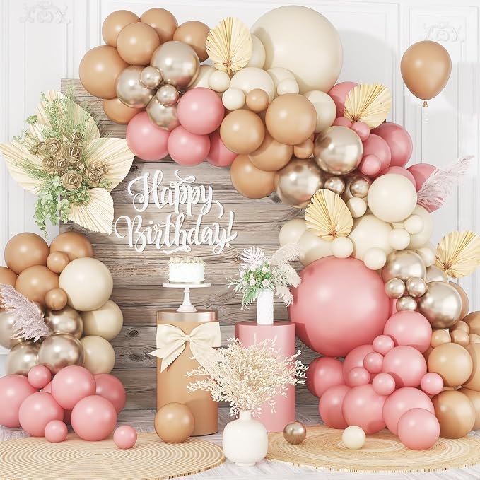 Dusty Pink Balloons Arch Kit, 108 Pcs Blush Pink Garland with Double Stuffed White Apricot Latex Balloon Metallic Champagne Gold for Girls Boho Princess Baby Shower Birthday Wedding Party Decoration