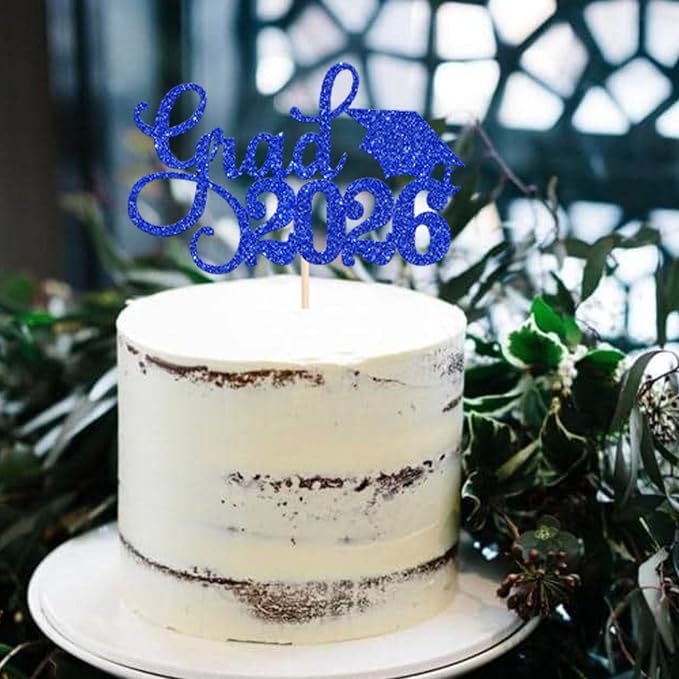 1 Pack Grad 2026 Cake Topper with Glitter Congrats Grad Cap Class of 2026 Cake Pick Decorations for 2026 Graduation Theme School Boys Girls Graduate Party Supplies Blue