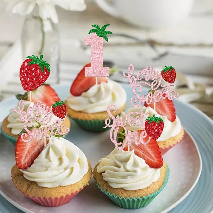 24 Pack Sweet One Cupcake Toppers Glitter First Birthday Strawberry Cupcake Picks for Fruit Baby Shower 1st Birthday Berry Sweet Cupcake Decorations Party Supplies Pink