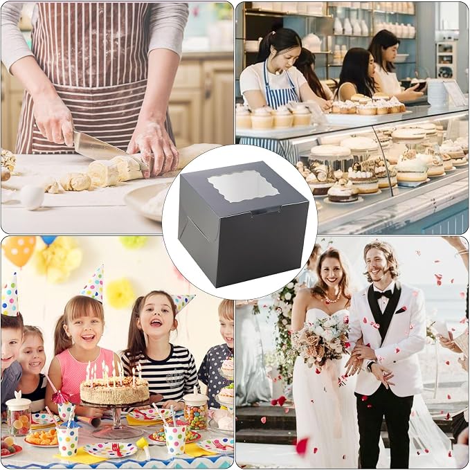 12 Pack 6x6x5 Inch Cake Boxes with Window, Black Bakery Carriers for Bento Cake, Cupcakes, Cookies, Dessert Treats – Perfect for Valentine's Day, Mother's Day Gifting