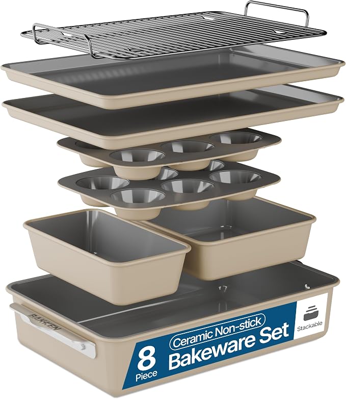 Bakken 8-Piece Ceramic Coated Bakeware Sets, Nonstick Aluminized Steel Pans with Muffin, Loaf, Cake, Roasting Pan, & Cooling Rack, Oven Safe Up To 500°F, Dishwasher Safe, BPA, PTFE & PFAS Free, Cream