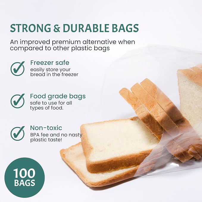 Reusable Plastic Bread Bags for Homemade Bread - 100 Pack Clear Bag with Ties For An Airtight Moisture-free Preservation and Storage - Loaf Home Bakers Bakery Owners