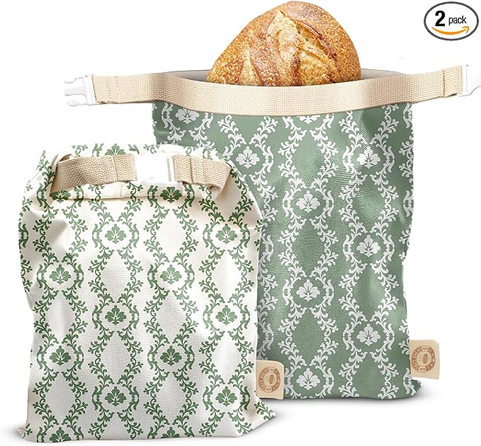 Cozy Bread® Reusable Bread Bag Set for Home Bakers | USA Brand | Charming Bread Designs (Green Ornamental)