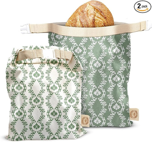 Cozy Bread® Reusable Bread Bag Set for Home Bakers | USA Brand | Charming Bread Designs (Green Ornamental)