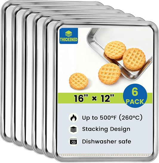 BIEAMA 6 Pack Stainless Steel Toaster Oven Baking Sheets, 16 x 12 in | Stainless steel pans with no chemical coating, mirror-polished finish and rolled edges; dishwasher safe, oven safe to 500°F.