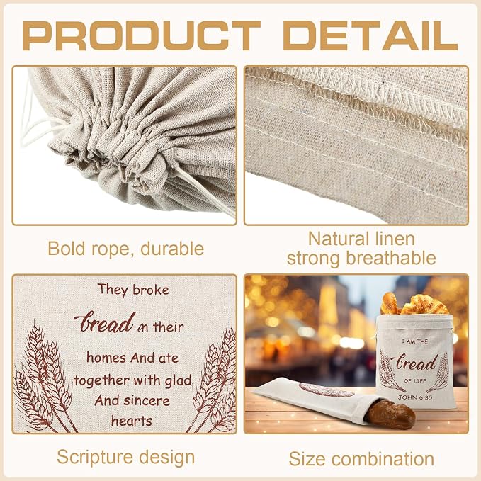 Woanger 8 Pcs Linen Bread Bags, Reusable Sourdough Bread Storage Bags with Drawstring, 12 x 15 Inch 6 x 27 Inch Burlap for Homemade Artisan Breads, Keeps Breads Fresh Longer, Gift(Scripture Pattern)
