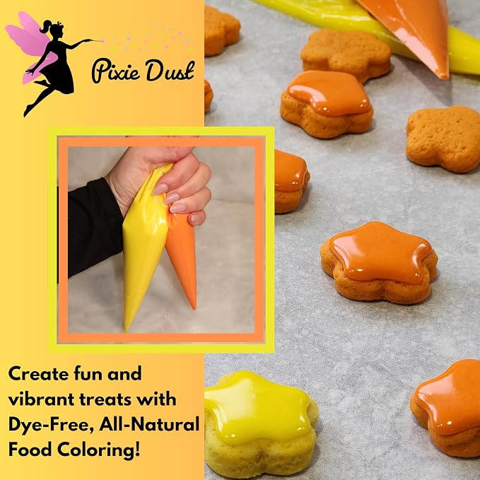 Dye Free Orange and Yellow Food Coloring Powders Set | Perfect for cake decorating, cookie frosting, icing & drinks | Plant-Based, All Natural, Kosher, Flavorless | No Carmine, No Annatto | By Pixie Dust | 2 Jars (0.40 oz / 11g Each) 22gr Total.