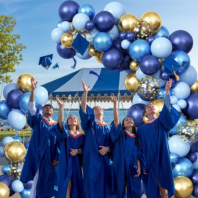 Graduation Balloon Arch Kit Blue and Gold Balloon Garland Royal Pastel Light Blue Metallic Gold Confetti Balloons for Grad Class of 2026 Boss Retirement Prom Birthday Baby Shower Party Decorations