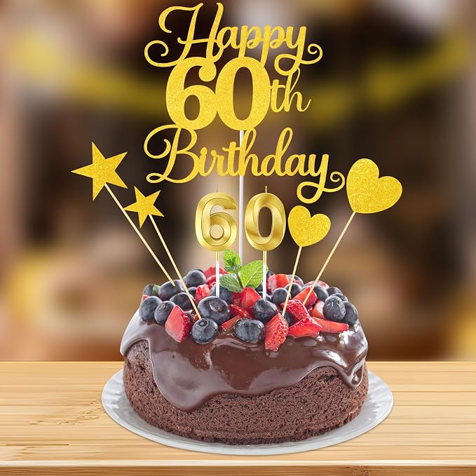 Happy 60th Birthday Cake Topper for 60th Birthday Decorations Numeral 60 Candle with Glitter Heart Cupcake Picks Set for Men Women Hello 60 Birthday Anniversary Party Cake Decor Supplies（GOLD）