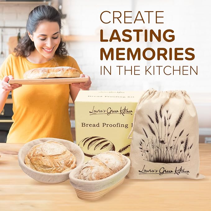 Laura's Green Kitchen Complete Sourdough Starter Kit – Sourdough Bread Baking Supplies with 2 Banneton Bread Proofing Basket, Linen Liners, Bread Lame, 5 Bread Blade for Scoring Dough, Scraper & More