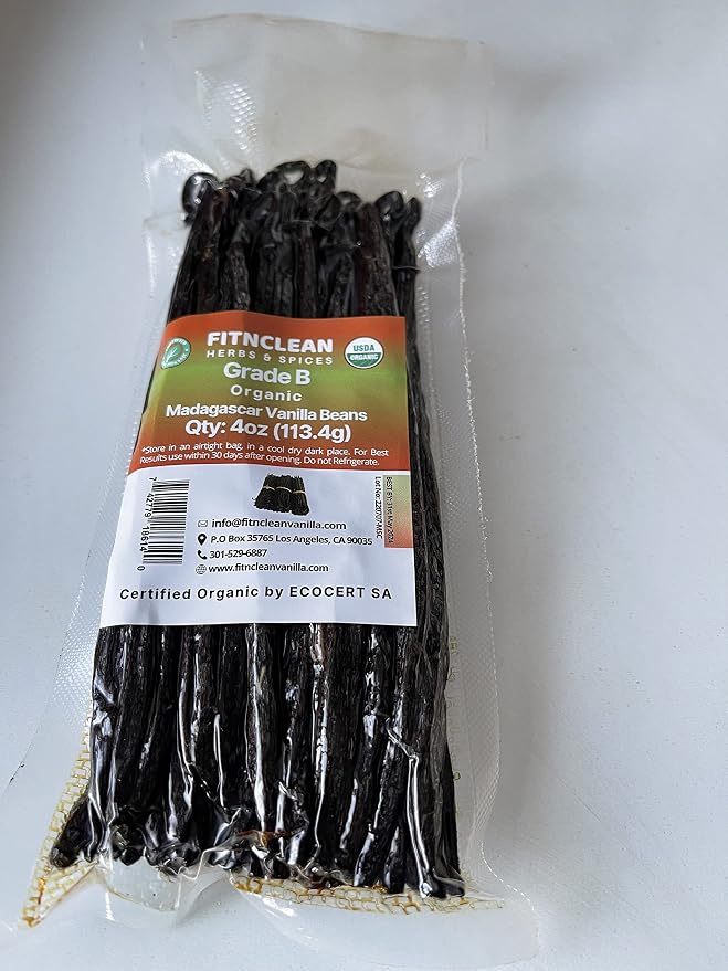 4oz Madagascar Vanilla Beans Organic Grade B. 5"-7" by FITNCLEAN VANILLA for extract, Cooking and Baking| 1/4Lb Whole NON-GMO Pods. Certified USDA Organic.