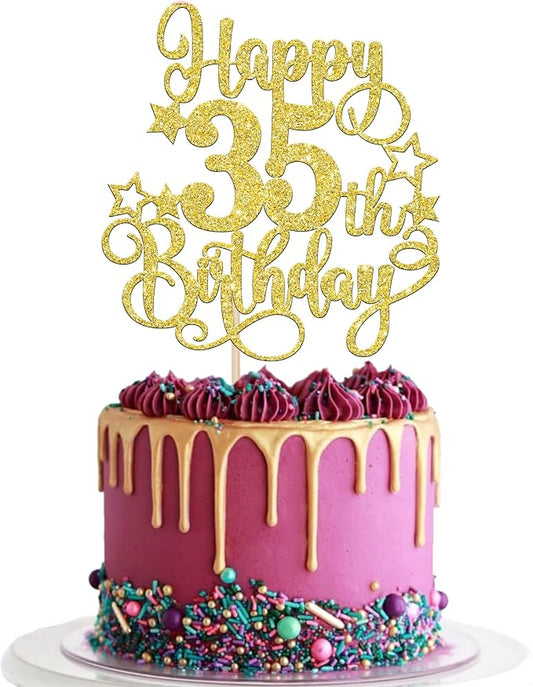 1 PCS Happy 35th Birthday Cake Topper Glitter Cheers to 35 Years Birthday Cake Pick Hello 35 Fabulous Cake Decoration for Happy 35th Birthday Anniversary Party Decorations Supplies Gold