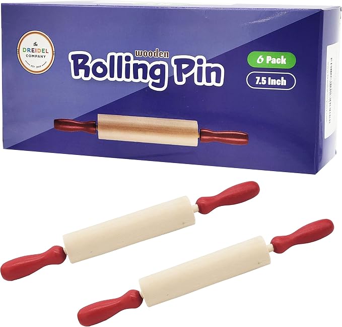 The Dreidel Company Mini Rolling 7.5 Inch 6-Pack Rolling Pin for Play Dough - Wood Kids Rolling Pin For Little Bakers, With Red Handles Arts and Crafts Clay Roller, 7.5" (Pack of 6)