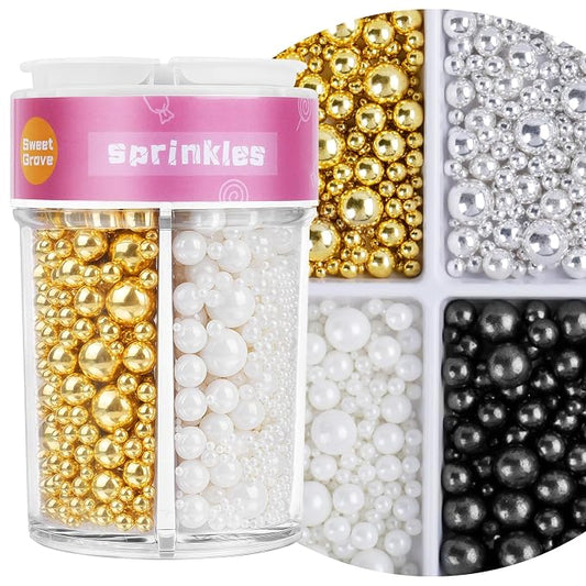 Pearl Sprinkles for Cake Decorating, 7.8oz Edible White Gold Silver Black Sprinkles, Metallic Sugar Candy Pearls for Baking, Cookie Decorations & Cupcake Topper, Wedding Party Christmas Supplies