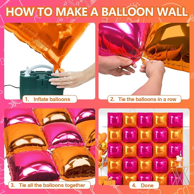 NISOCY 25PCS Rose Red and Orange Square Foil Balloons Wall Backdrop Double Sided Rose Red Orange Balloons Arch Kit for Birthday Baby Shower Valentine's Day Wedding Tropical Party Decorations