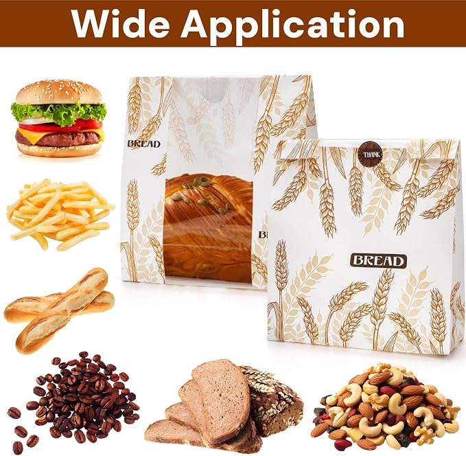 100 Pack Paper Bread Bags with Clear Window, 10 x 14 x 4 Inch Homemade Bread Loaf Bag with Stickers, Large Bakery Bags Sourdough Bread Storage Bag for Popcorn, Cookies, Snacks