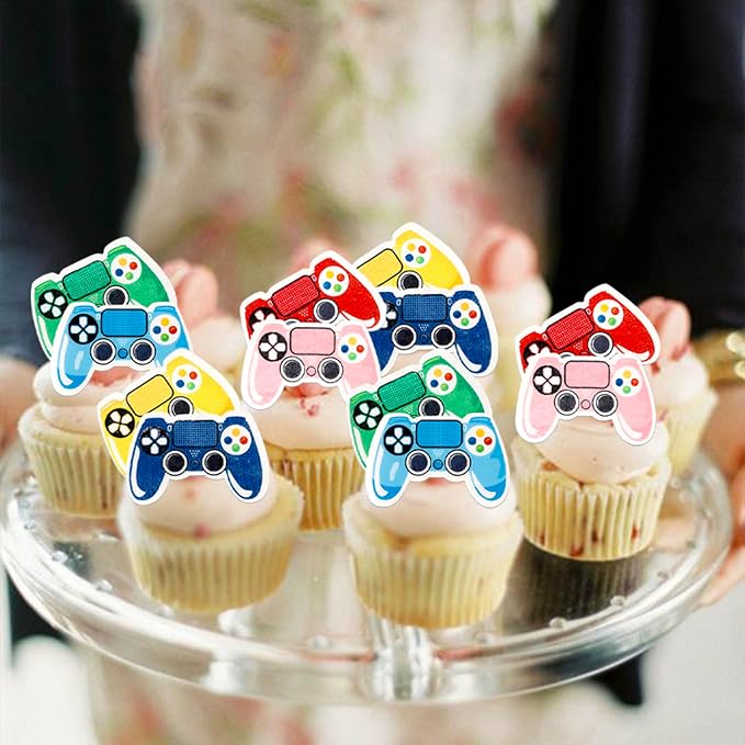 64 PCS Edible Video Game Controllers Cupcake Toppers Game On Controllers Cupcake Picks Edible GamePad Cupcake Decorations for Baby Shower Kids Boys Girls Gamer Birthday Party Cake Decorations Supplies