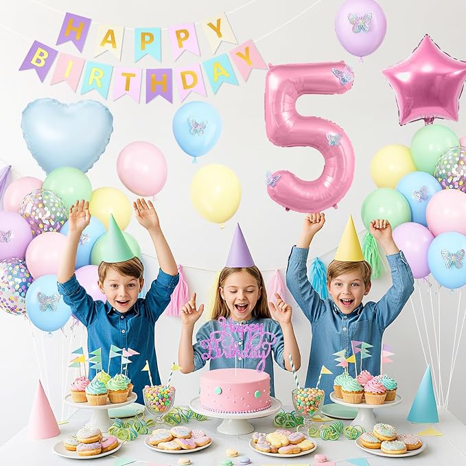 5th Pastel Birthday Party Decorations for Girls Number 5 Balloon Happy Birthday Banner Butterfly Stickers Star Heart Foil Balloons for 5 Year Old Easter Party Decor