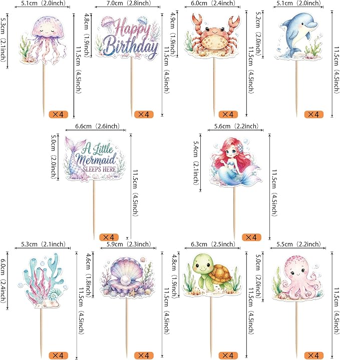 40 PCS Mermaid Cupcake Toppers Ocean Animal Cake Decorations Turtles Octopus Seashell Crab Fish Cupcake Picks Mermaid Birthday Decorations for Under the Sea Theme Baby Shower Birthday Party Supplies