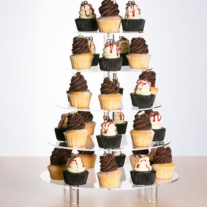 5 Tier Acrylic Cupcake Stand, Extra Thick 5mm Base, Large Cupcake Tower, Multi Tiered Cake Stand Round Clear Holder for Dessert Table Display, Weddings, Birthday Party, Graduation, Pastry, Donut Tree