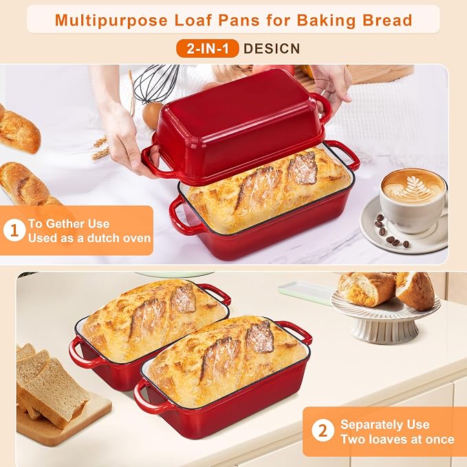 GRMImosa Cast Iron Bread Loaf Pan wiht Lid, Loaf Pans for Baking Bread 9x5 Inch, Sourdough Bread Baking Pan for Homemade Bread, Meatloaf, Even Heat Distribution, Cherry