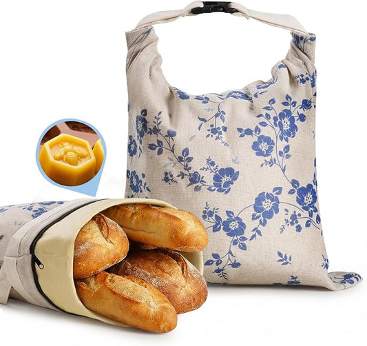 YARRAMATE Reusable Beeswax Bread Bags for Homemade Bread & Sourdough, 2 Pack XL 17x13in Linen Organic Bread Storage Bags with Zipper for Loaf, Baguette and Sandwich Bread, Freezer Safe, Blue Floral