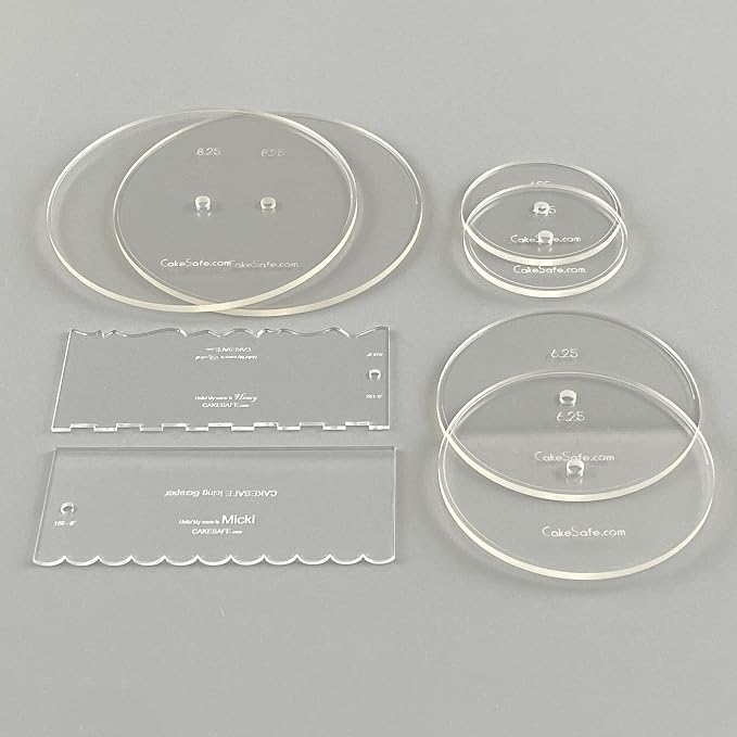 CAKESAFE Bare Necessities Cake Decorating Acrylic Disk Kit – 3 Sets - Round 4.25”, 6.25” and 8.25” Disk Sets (2 disks per size), 2-8" Icing Scrapers with 1 Scraper Edge and 3 Cake Comb Patterns