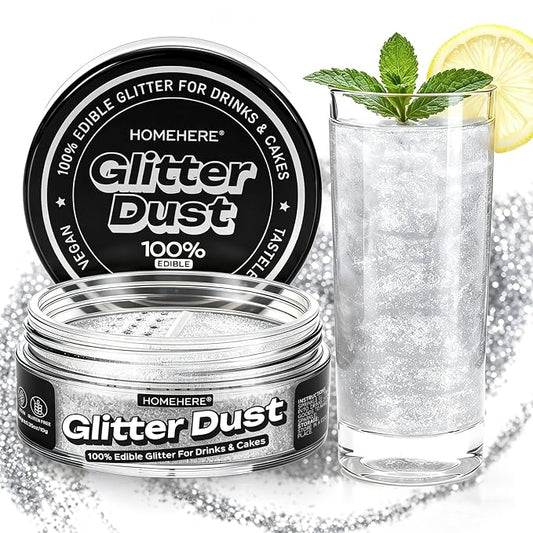 HomeHere Edible Glitter for Drinks & Cakes, 10g Food Grade Disco Diamond Glimmer Dust, Sparkle Powder for Cocktails, Chocolate, Baking Decorations, Vegan& Tasteless (Silvery)