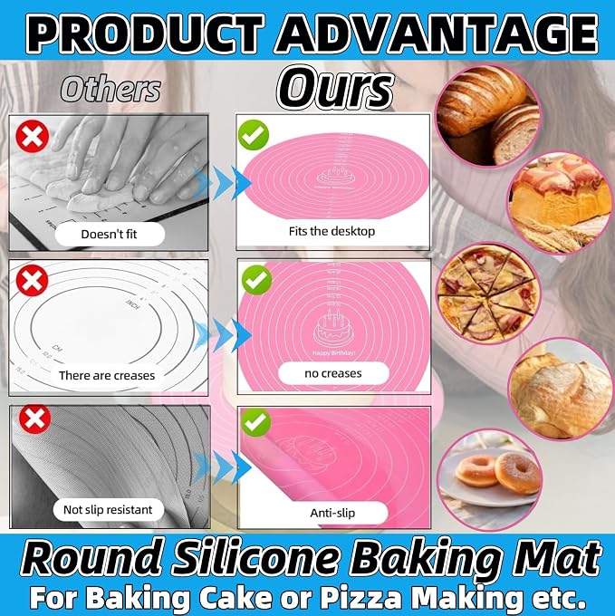 Silicone Baking Mat Cake Mat Silicone Cake Mat Silicone Baking Mat with Measurements for CakeTurntable Stand Non-Stick Heat Resistant Pastry Baking Sheet -Blue
