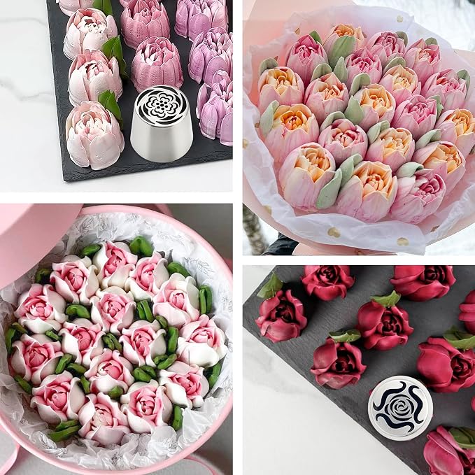 Extra Large Stainless Steel Russian Tulip Marshmallow Flower Nozzle Set, Contains 6 Flower Nozzle, 2 Leaf 1 Brush, For Cake Decorating, Pastry Baking Tools