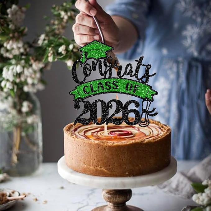 1 Pack Congrats Class of 2026 Cake Topper with Green Glitter Diploma Graduation Cap Cake Pick Contrats Class of 2026 Cake Decorations for 2026 Graduation Theme High School Boys Girls