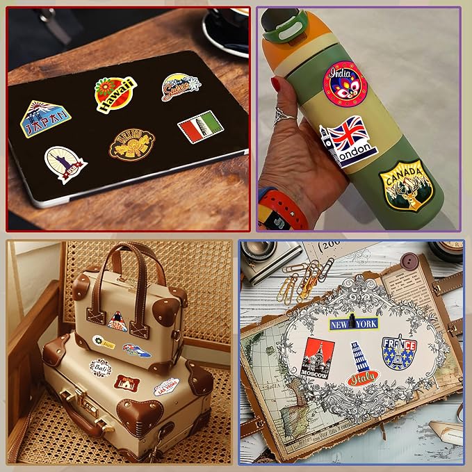 100 Pcs Travel Stickers for Scrapbooking, Waterproof Vinyl Adventure World Map Landmark Stickers for Laptops Water Bottles Journals, Decorative Decals for Teens Students Adults