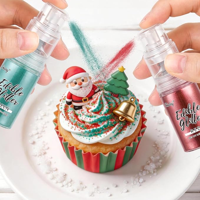 Christmas Edible Glitter Spray, Green & Red Edible Glitter for Cocktails, Cobakey Luster Dust Edible for Cake Decorating, Drinks, Baking, Chocolate, Strawberrie 5g/2 Bottles