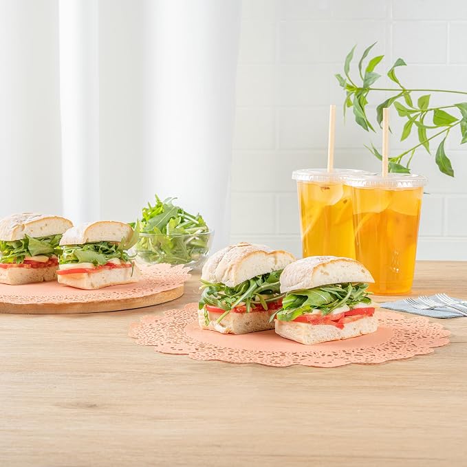 Pastry Tek 12 x 12 Inch Paper Lace Doilies, 100 Disposable Table Doilies - Elegant Lace Finish, Long Lasting, Coral Paper Doily, for Pastries, Cupcakes, Desserts - Restaurantware