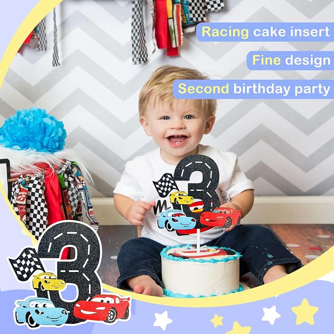 MEMOVAN Race Car 3rd Cake Topper 3th Racing Car Birthday Cake Topper Decoration for Racing Car Checkered Flag Themed Girl Boy 3 Years Birthday Party Supplies Double Sided