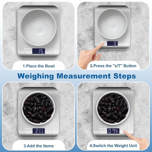 Food Scale, Digital Kitchen Scale with 1g Accuracy, 11lb/22lb Capacity & Backlit LCD, Stainless Steel Tare Scale for Baking, Cooking and Meal Prep, 5.5x7x0.6 Inches (Batteries Included)