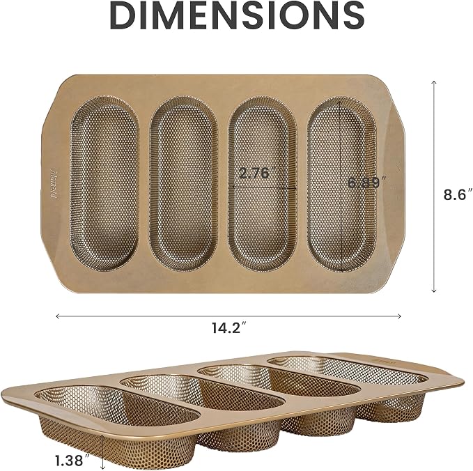 Baguette Bread Pan for Baking, 4 Loaf Nonstick French Bread Baking Pan, Perforated Carbon Steel Bread Loaf Pan for Homemade Baguettes, Sub Rolls and Artisan Bread