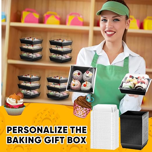 100 Pack Charcuterie Boxes with Clear Lids Valentine Gift 5 Inch Cookie Boxes Disposable Cake Case Paper Square Cookie Containers Dessert for Sandwich Slice Cake Hot Cocoa Bombs Strawberries(Black)