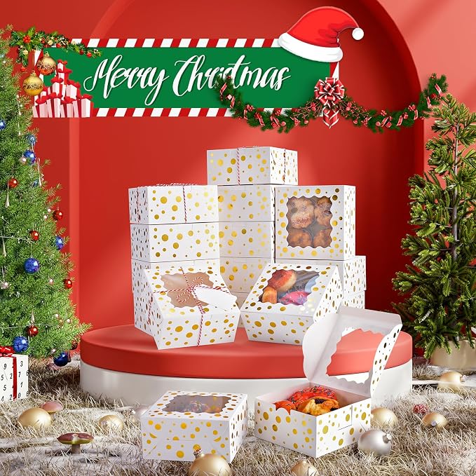 32Pcs 6x6x3 in Christmas Cookie Boxes with Window, White Bakery Boxes for Cookie, Treat Boxes Pastry Boxes for Gift Giving, Chocolate Covered Strawberries, Dessert, Donut, Cupcakes Muffins