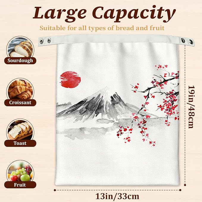 Beeswax Bread Bags, 2 Pack for Homemade Bread and Sourdough Storage | Japanese Cherry Blossom Sun Fuji Mount, Reusable Polyester Bread Storage With Beeswax Coating And Snap Closures