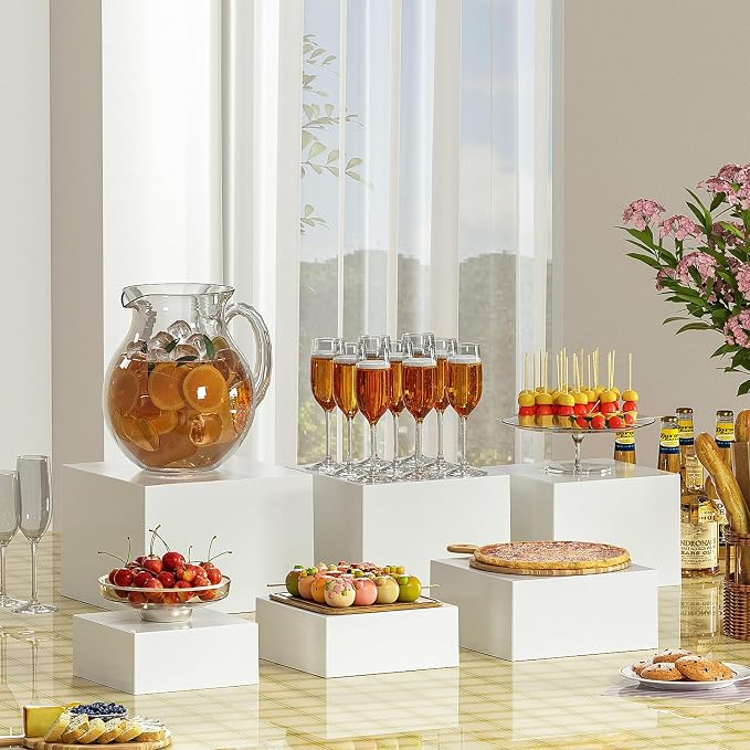 6 Pcs White Acrylic Boxes for Display as Buffet Risers and Stands, Food Risers for Party, Table, Stands, including 10", 9", 8.5", 8", 7.5", 6.8", (Large, 6Pcs, White)