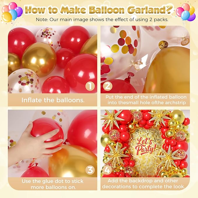 153Pcs Red and Gold Balloons Garland Arch Kit with Stars - 22 18 12 10 5 inch Different Size Red Metallic Gold Confetti Latex Balloon for Birthday Valentine's Day Wedding Party Decorations