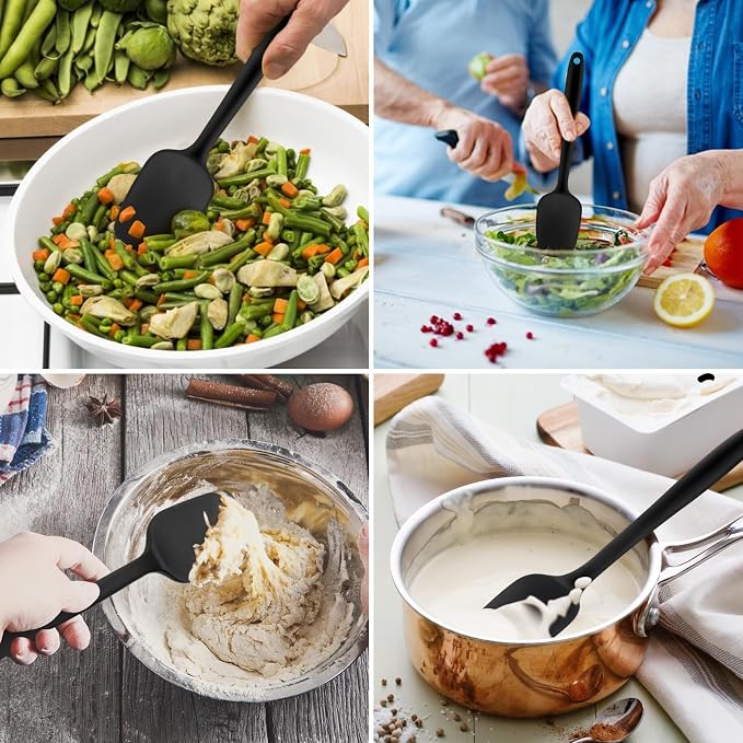 Silicone Spatula Spoon, 11.2" Heat Resistan Rubber Spoonula, Black Non-Stick Spootula with Seamless, Flexible Scrapers for Baking Mixing Serving, Stirring. (Large 11.2)
