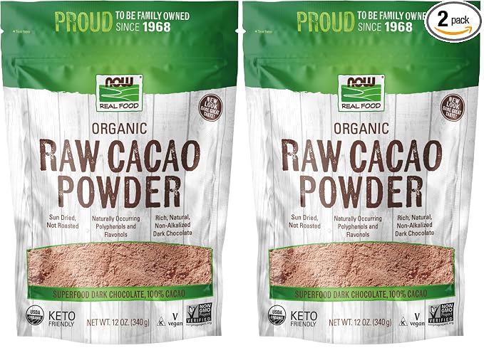 NOW Foods, Organic Raw Cacao Powder, with Polyphenols and Flavonols, Sun-Dried, Intensely Rich Flavor, 12-Ounce (Packaging May Vary) (Pack of 2)