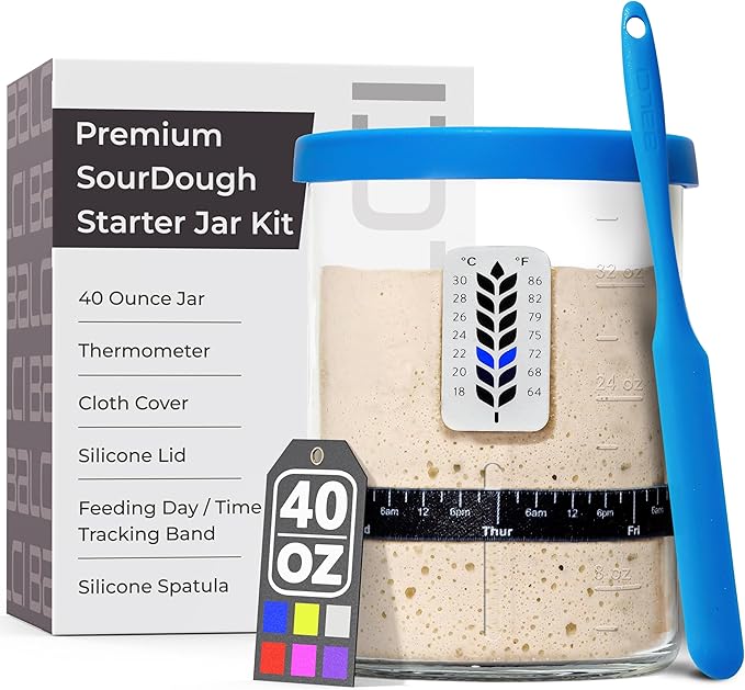 Premium Sourdough Starter Jar - 40oz Large Sourdough Jar with Marked Feeding Band, Scraper, Cloth Cover and Silicone Lid/Base, Wide Mouth Starter Kit - Blue