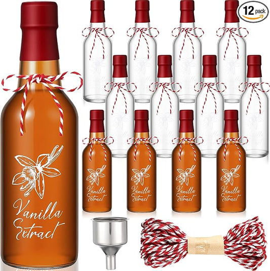 Reallnaive 12 Sets Vanilla Extract Bottles Sets 8 oz Clear Glass Bottles with Tags and Twine and Funnel for Home Brewing Wedding Baby Shower Party Favors