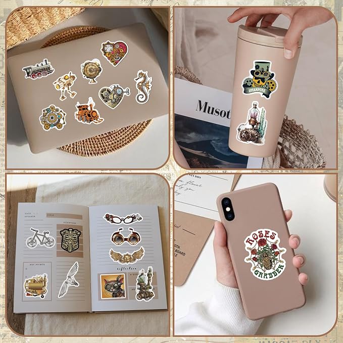 75 Pcs Steampunk Stickers for Scrapbooking, Waterproof Vinyl Vintage Gear Clockwork Industrial Stickers for Laptops Water Bottles Journals, Decorative Decals for Teens Students Adults