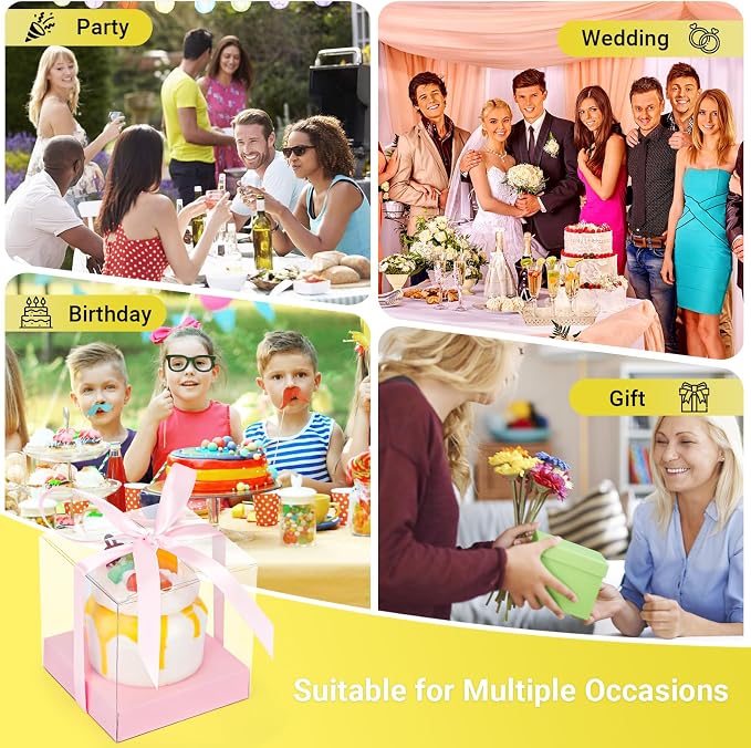 EUSOAR Plastic Pink Cupcake Boxes, 12pcs 3.5 Inch Clear Individual Cupcake Containers Storage for Cake Dessert, Single Transparent Cupcake Holder Carrier with Ribbons for Wedding Party Bakery Favor